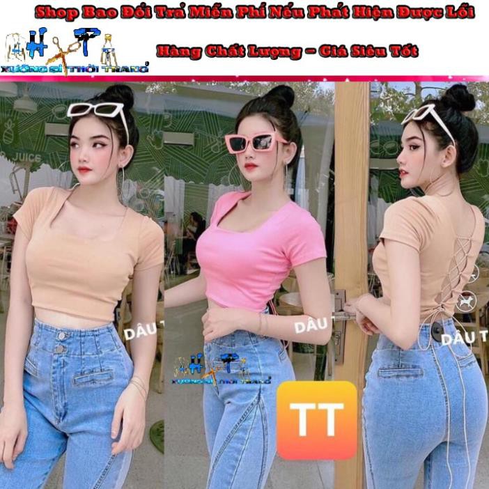 Áo Croptop Thun Borip Cổ Vuông Tay Ngắn Hở Lưng Đan Dây Siêu Thời Trang Mẫu Hót 2020-Hàng có Sẵn  ྇