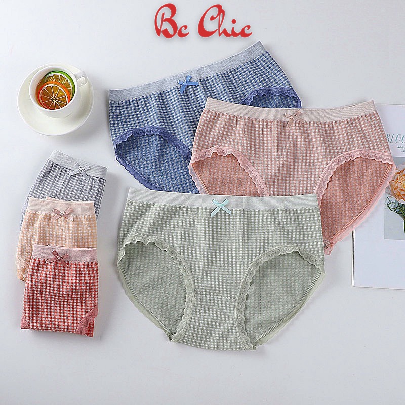 Quần Lót Nữ , Quần Lót Nữ Cotton kẻ phối ren đính nơ điệu đà xinh xắn MÃ Q112 BC_CHIC LINGERIE