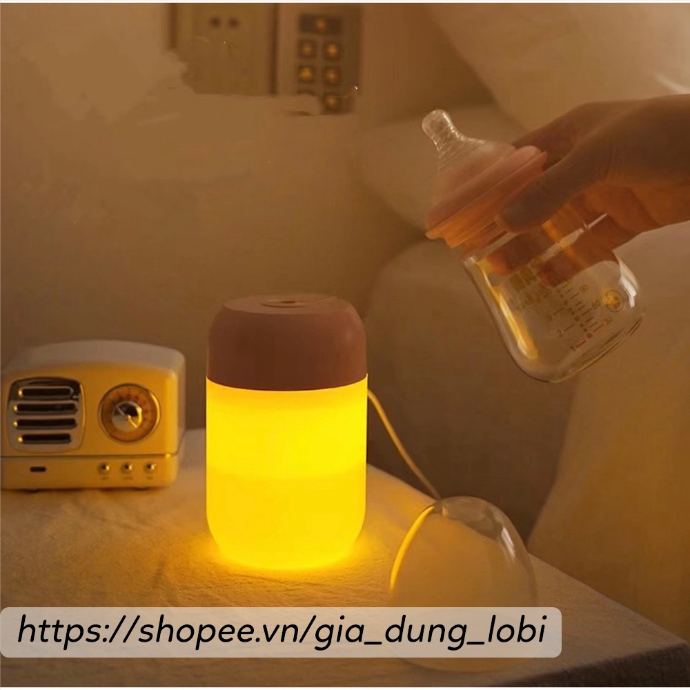 Đèn xông tinh dầu phun sương Máy phun sương mini tạo ẩm có đèn led màu vàng ấm cắm USB dung tích 300ml
