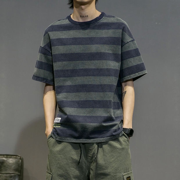 Áo Thun Cotton Cổ Tròn Dáng Rộng Kẻ Sọc Ngang Trẻ Trung Cho Nam