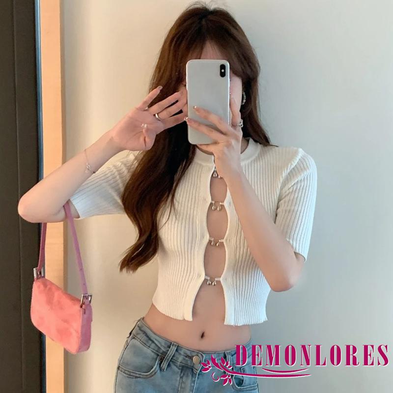 Áo Crop Top Cổ Tròn Tay Ngắn Màu Trơn Thời Trang Mùa Hè Cho Nữ
