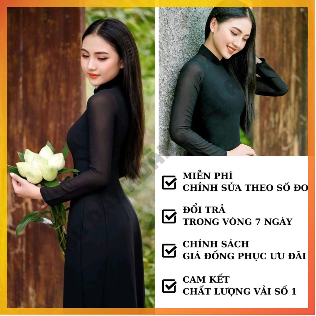 Áo dài 4 tà truyền thống lụa chiffon may sẵn màu đen có kèm quần bigsize vải loại 1 co giãn Ảnh Thật Feedback AD4TCF-Đen