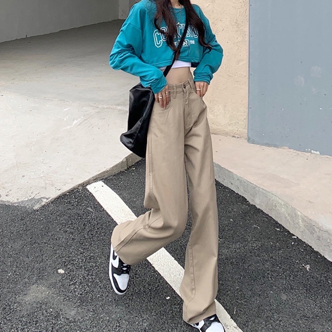 Quần jean cạp cao ống rộng phong cách Hàn Quốc cá tính cho nữ