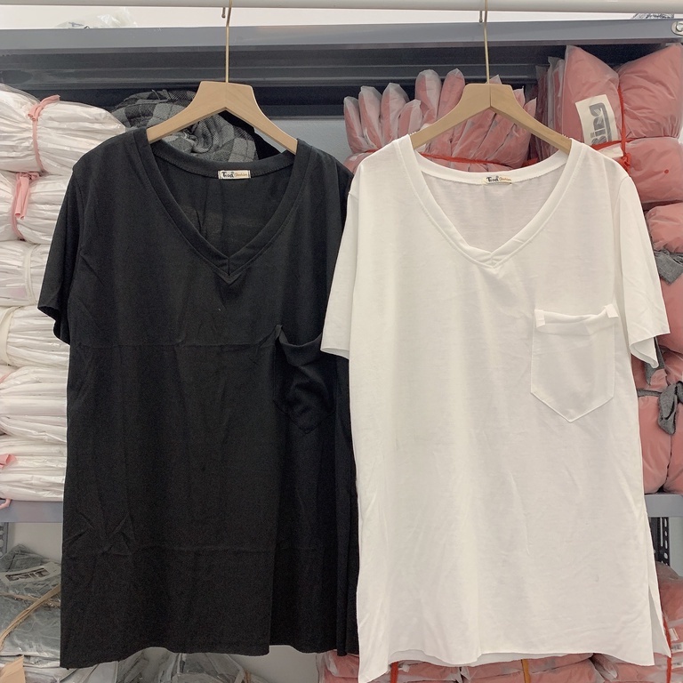 Áo thun tay lỡ form thụng cổ tim xẻ vạt có túi ngực vải cotton giấy cao cấp Bingshop