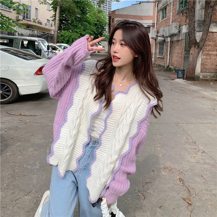 Áo khoác cardigan dệt kim màu tím trắng phong cách Hàn Quốc thời trang xuân thu cho nữ