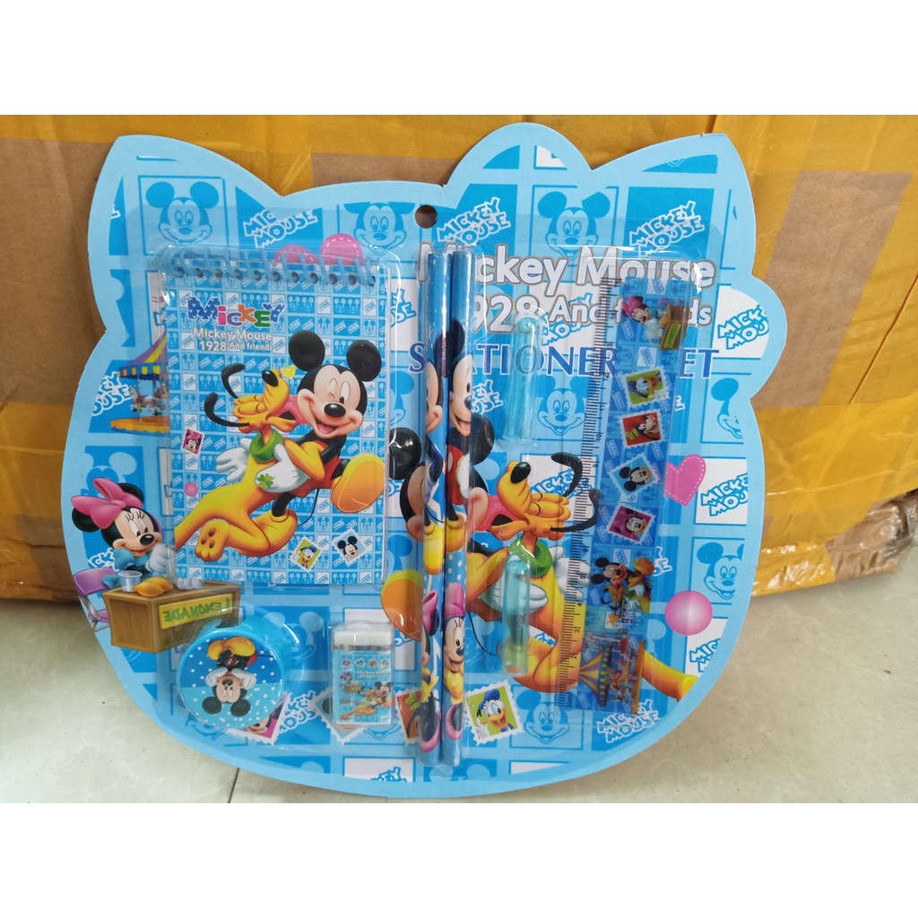 🌸Bộ Bút chì, thước kẻ, gọt bút, tẩy chì,sổ ghi chú xinh xắn hình dáng người nhện doremon mickey elsa cho bé