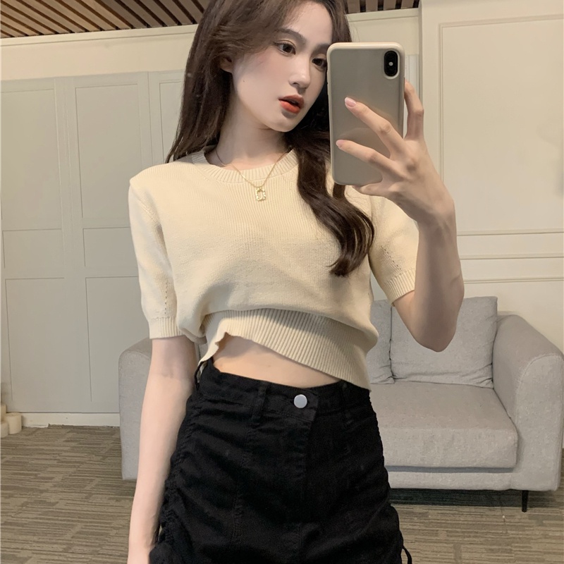 Áo dệt kim SUXI tay ngắn cổ tròn đơn giản dễ phối đồ phong cách cổ điển cho nữ