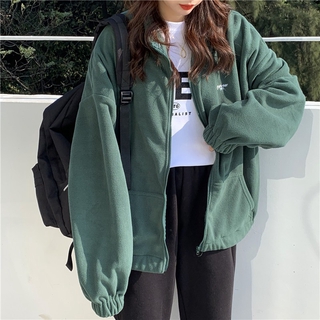 (Sẵn) Áo khoác nỉ bông dáng rộng dài kéo khóa tay bo chun có túi ulzzang - AKM02