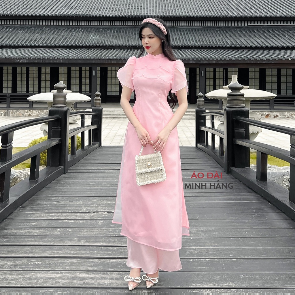 Áo dài cách tân nữ tầng sóng tay bồng thiết kế màu hồng cam_Áo Dài Minh Hằng