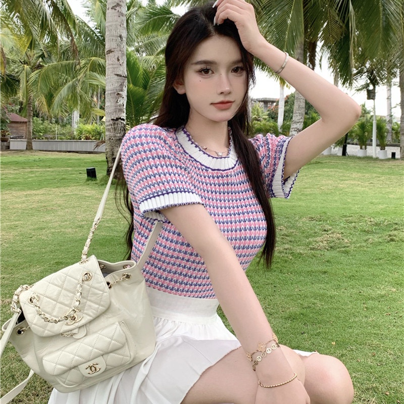 Áo Thun Dệt Kim Tay Ngắn Cổ Tròn Dáng Ôm Thời Trang Sang Trọng