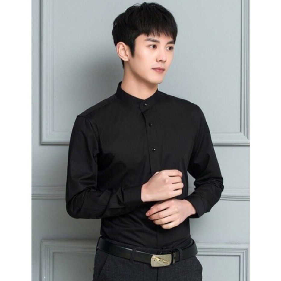 Áo Sơ Mi Nam Dài Tay Cổ Tàu Dáng Ôm Body Hàn Quốc Vải Mịn Mát, Ao so mi nam Cổ Trụ Không Nhăn_BUN STORE