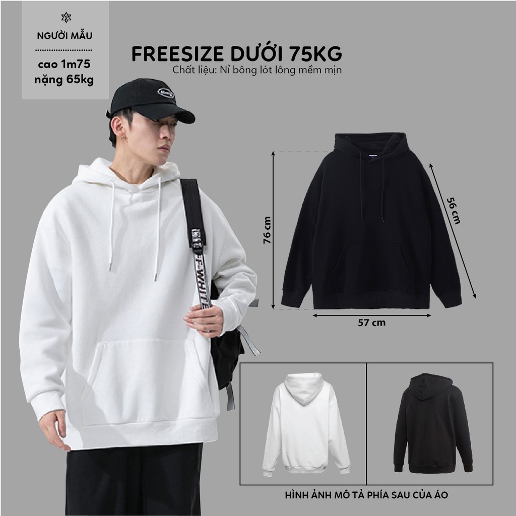 Áo Hoodie trơn nỉ bông cao cấp mềm mịn Unisex (Đen, Trắng)