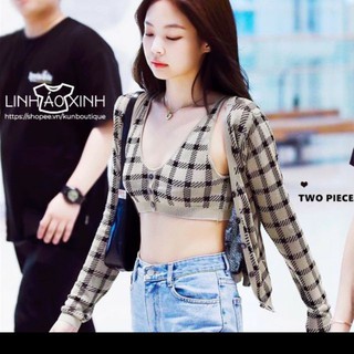 (Sẵn) 😍 Set áo croptop - cardigan len caro màu be Jennie xuân thu