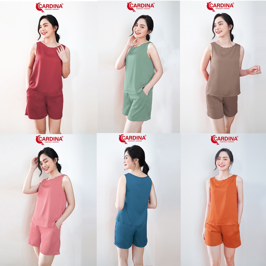 Đồ Bộ Nữ 𝐂𝐀𝐑𝐃𝐈𝐍𝐀 Chất Lụa Satin Cao Cấp Quần Đùi Áo Sát Nách Cổ Đính Cúc Ngọc 2SF20