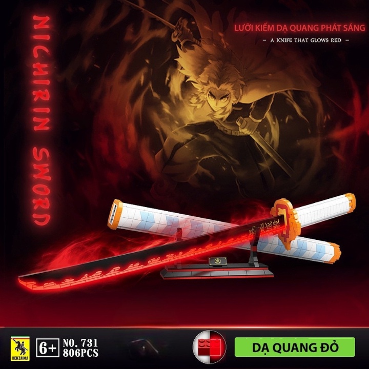 Đồ Chơi Lắp Ráp Kiểu Mô Hình Nhật Luân Kiếm Phát Sáng Của Viêm Trụ Rengoku Kyoujurou trong Kimetsu no Yaiba.