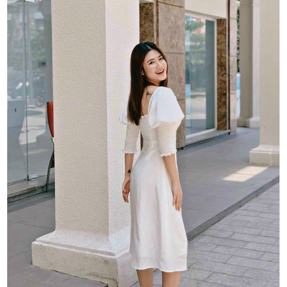đầm suông xẻ tà cổ vuông tay lỡ ống bo