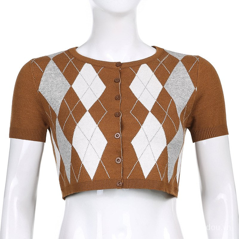 Áo Croptop Dệt Kim Hoạ Tiết In Phối Nút Cho Nữ