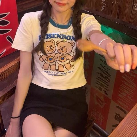 Áo Thun Crop Top Tay Ngắn Vải Cotton In Hình Gấu Thời Trang 2022 Cho Nữ