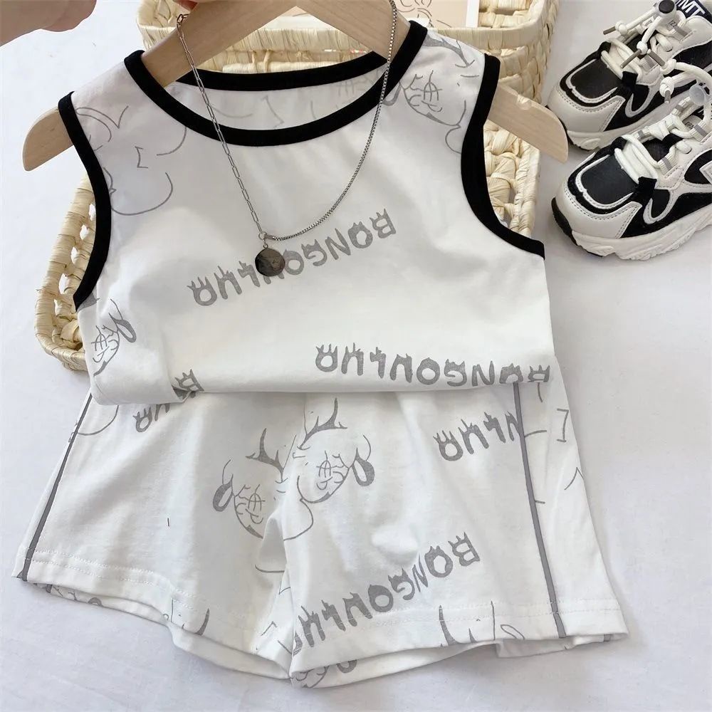 Set Đồ Mùa Hè 5 Món Gồm Áo Ba Lỗ Cotton Trơn Cổ Tròn In Họa Tiết + Quần Ngắn Cho Bé Trai / Gái