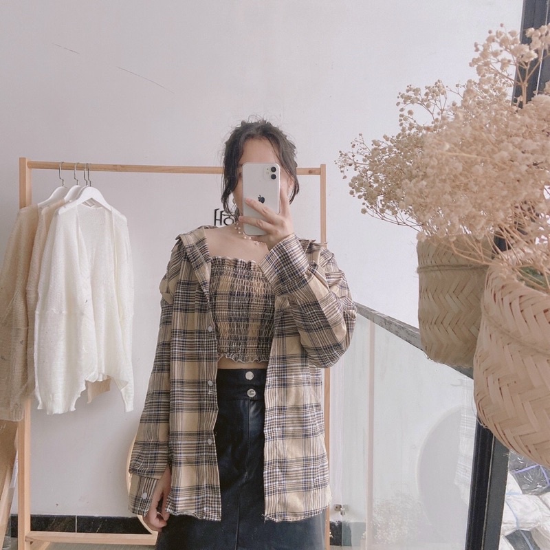 SET ÁO SƠ MI + KÈM ÁO ỐNG CARO- Chizi Shop, Kèm Ảnh Thật