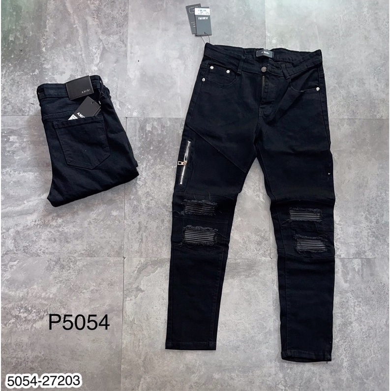 Quần jeans nam xanh rách gối cao cấp - Quần balmans khoá vá da cao cấp