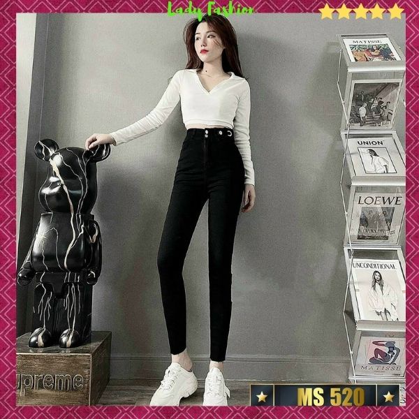 Quần Jean nữ đen trơn co giãn  ôm dáng siêu xinh, Quần bò nữ cạp cao thời trang Lady Fashion - MQ520