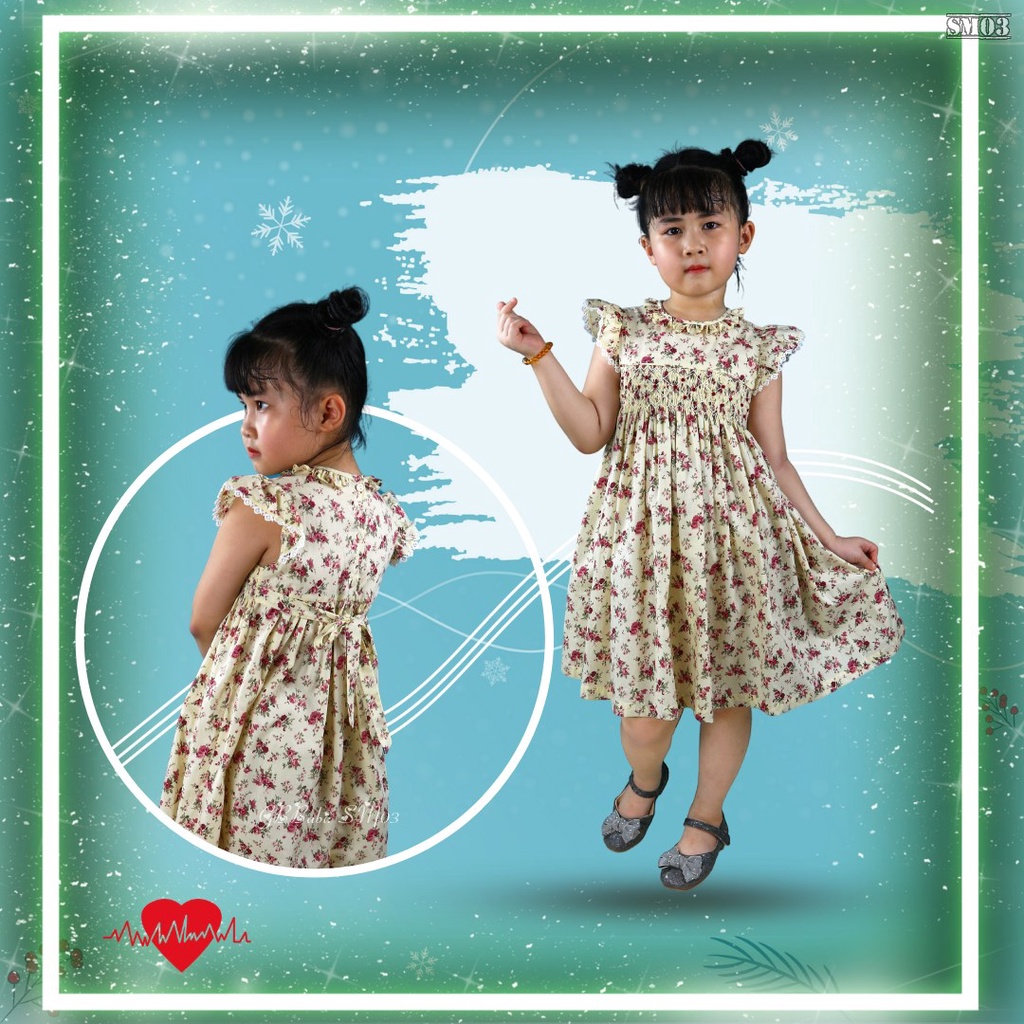 Váy đầm smock bé gái thêu tay thủ công họa tiết hoa hoa hồng cổ bèo tay phối ren,vải cotton mát SM03