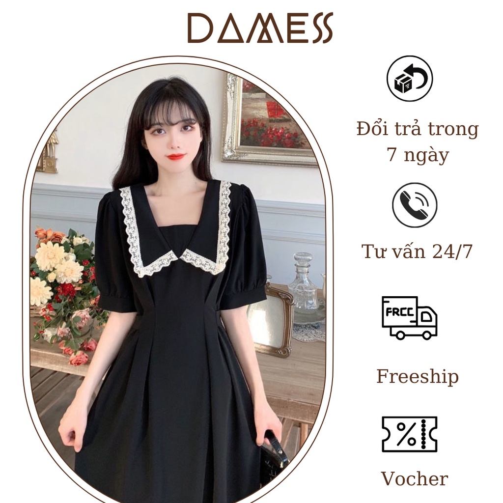 Váy Tiểu Thư Cổ Bèo Phối Ren Trắng, Đầm Midi Basic Đen Chiết Eo Sang Chành