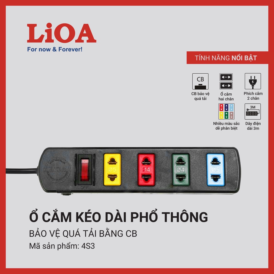 [CHÍNH HÃNG] Ổ cắm LiOA kéo dài phổ thông 3 lỗ, 4 lỗ, 5 lỗ, 6 lỗ, 2 chấu dây dài 3m - 5m, 2 lõi, 1000W - 2200W