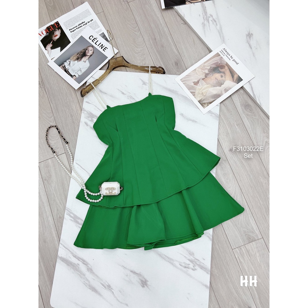 Set áo peplum dây chuỗi ngọc phối quần váy