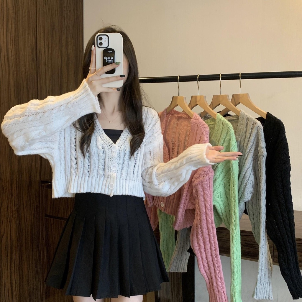 Áo Khoác Len Xoắn Cổ Tim Nút Tay Dài | Smide Clothing