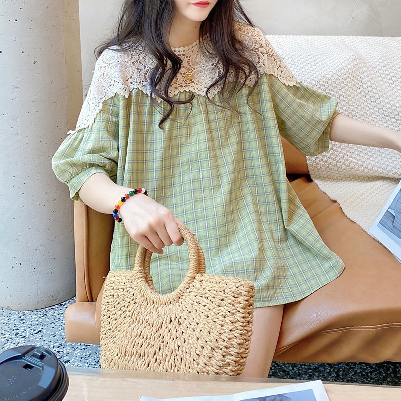 Áo Sơ Mi Nữ Ngắn Tay Viền Ren Dáng Rộng Kiểu Hàn Quốc Thời Trang Mùa Hè