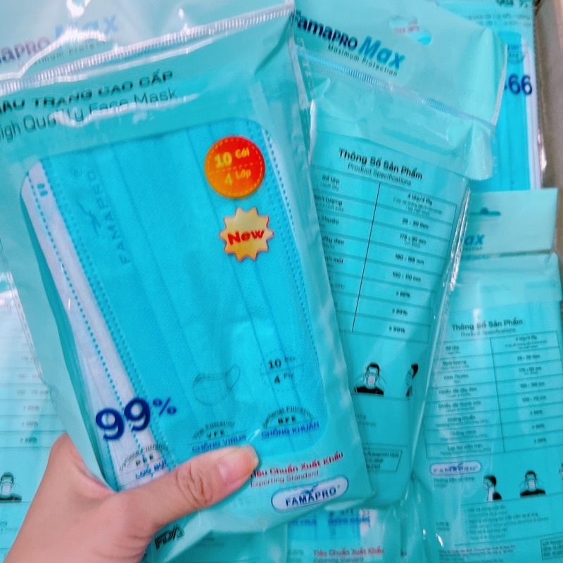 [MAX- COMBO 5- TÚI 10 CÁI] Khẩu trang y tế 4 lớp kháng khuẩn cao cấp Famapro max