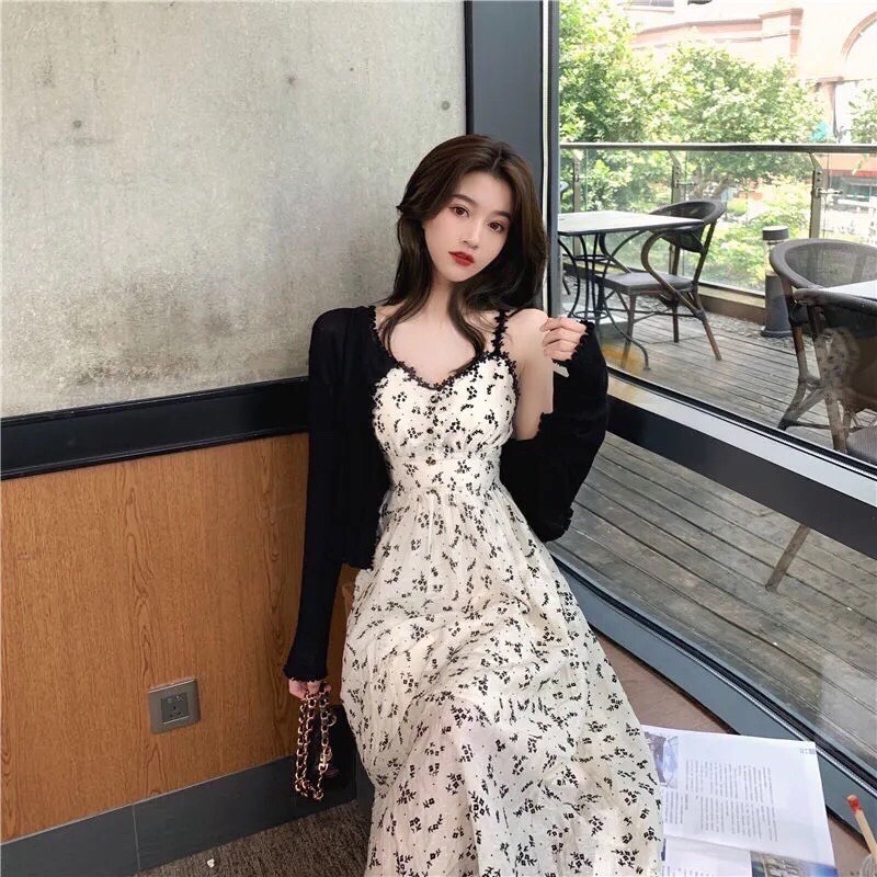 Set Váy Hoa Nhí Đen 2 dây có cúp ngực phối viền ren Dáng Maxi Cùng Áo Cardigan Đen phong cách hàn quốc 2022