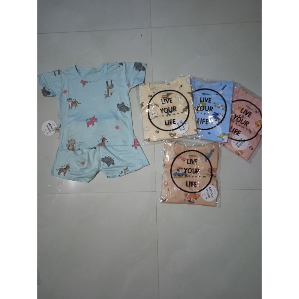Bộ cộc tay thun lạnh Minky mom in hình dễ thương cho bé trai và bé gái