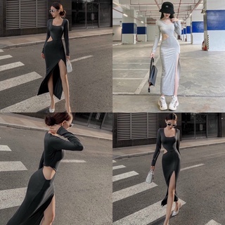 Đầm tay dàu body dáng dài khoét eo xẻ tà gợi cảm D88