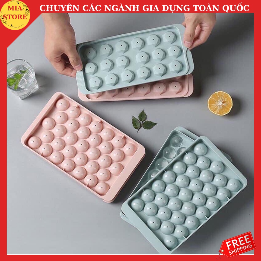 Khay Đá Bi Tròn Tủ Lạnh 33 Viên Có Nắp Đậy Khuôn Làm Thạch Hoa Quả , Làm Đá Hình Bi Tròn
