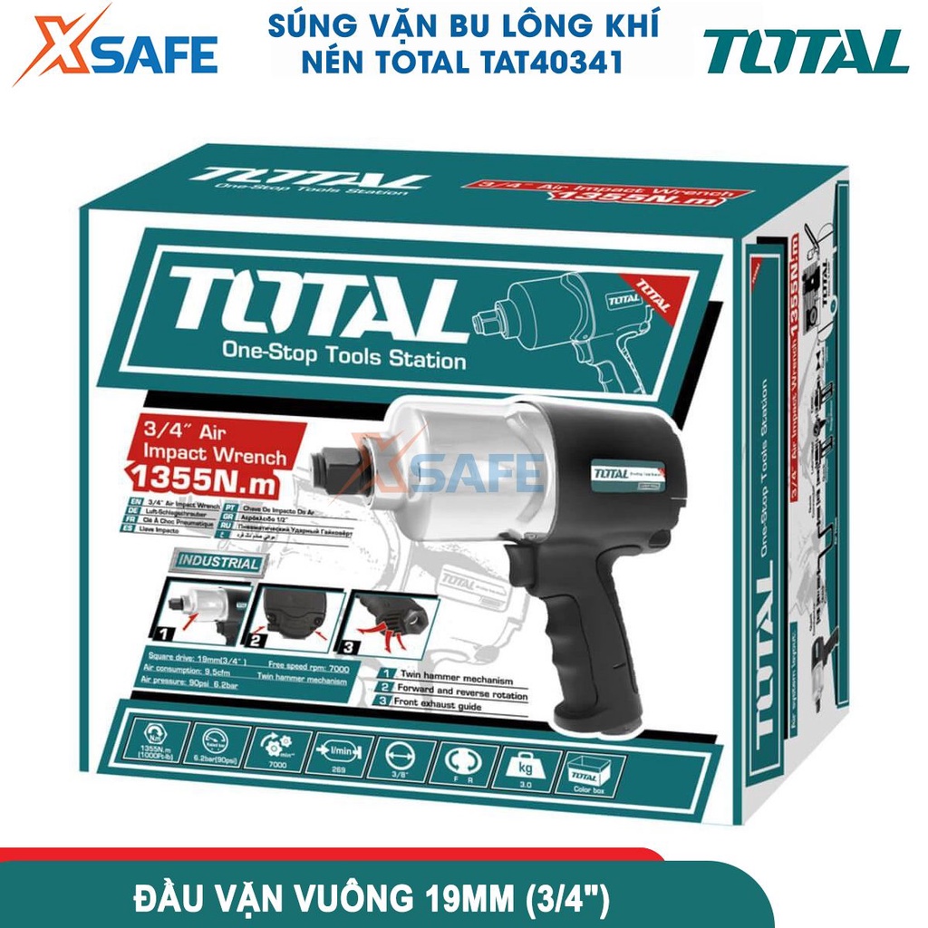Máy siết bulong khí nén (3/4&quot;) TOTAL TAT40341 Đầu vặn vuông 19mm(3/4&quot;), tốc độ 7000rpm, mô men quay 1355Nm - chính hãng