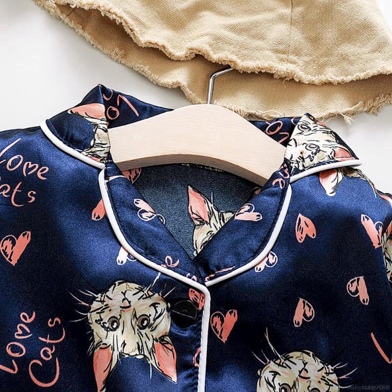 Baby Kids Girls Boys Cartoon Cat Print Long Sleeve Sleepwear Set