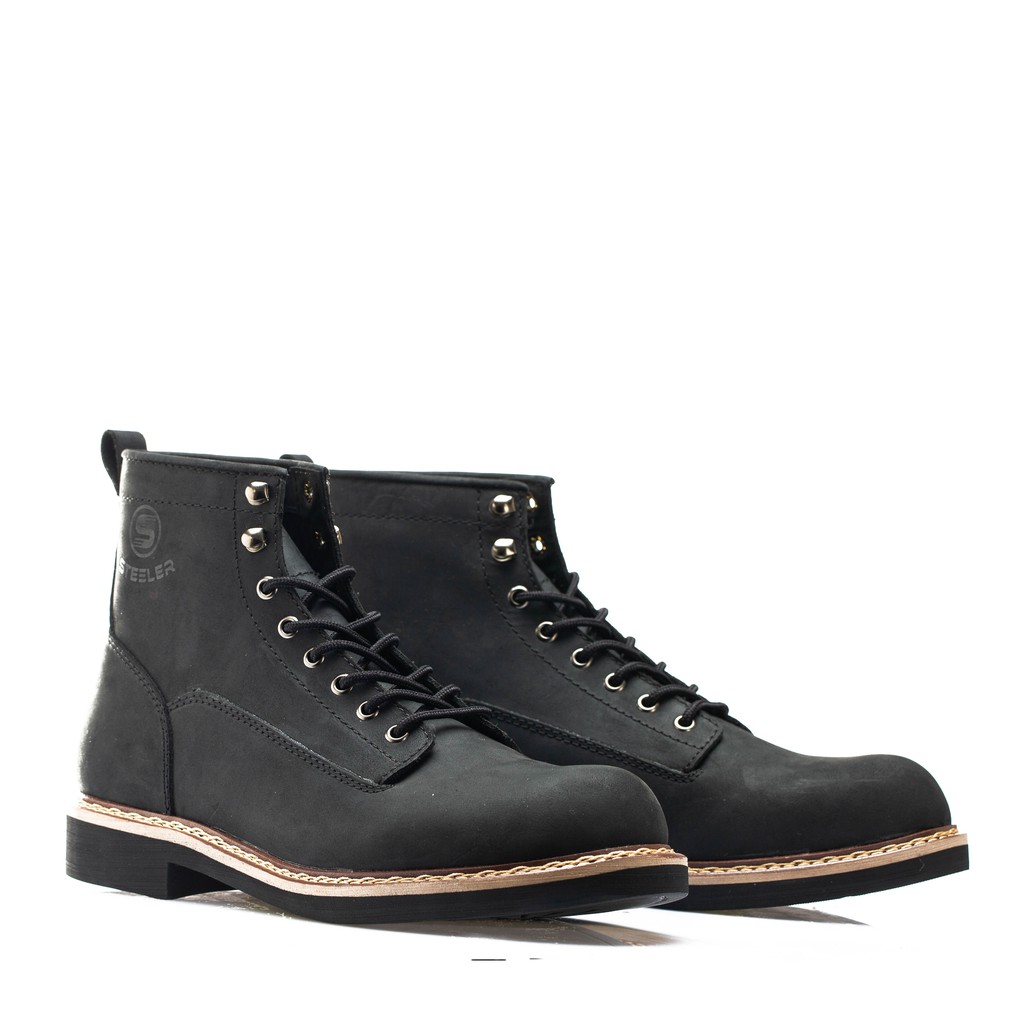 Giày boot nam da bò sáp cao cấp cổ cao . LINEMAN ĐEN SÁP - STEELER , đế khâu , phong cách workwear