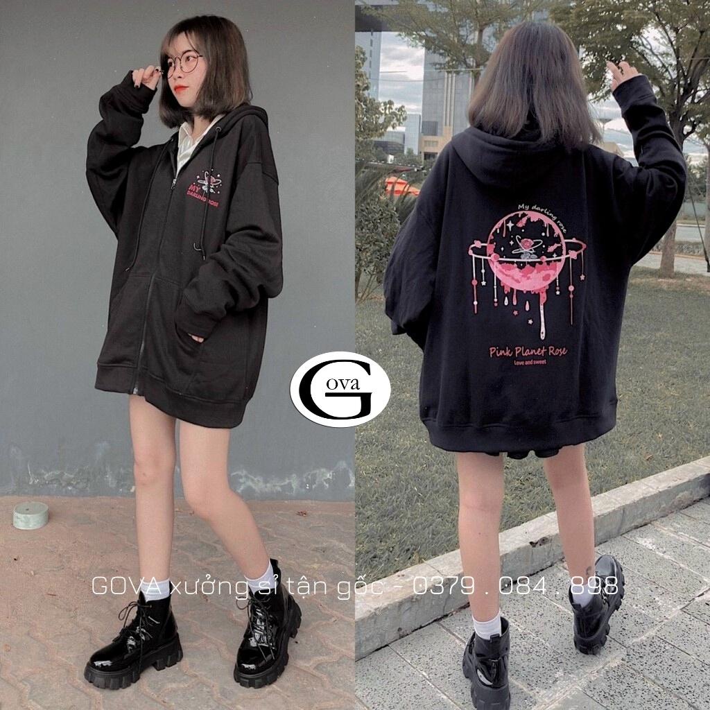 Áo khoác Hoodie nỉ FE PINK PLANTE MOON Dây Kéo form rộng ulzzang Unisex áo nỉ bông nữ AKN24 GOVA