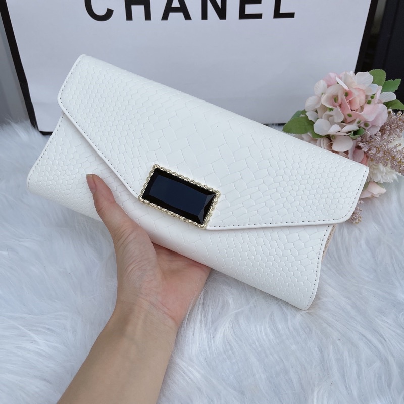 Túi ví clutch cầm tay nữ, kèm dây xích, khuy đá sang chảnh