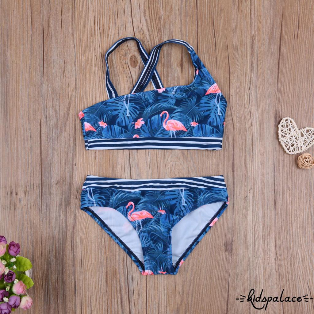 Bộ Đồ Bơi 2 Món Áo Sát Nách + Quần Lưng Cao Màu Xanh Dương Đậm In Họa Tiết Chim Hồng Hạc Cho Bé Gái 2-9 Tuổi