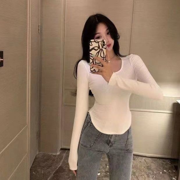 Áo thun tay dài cổ chữ U màu sắc thời trang cho nữ