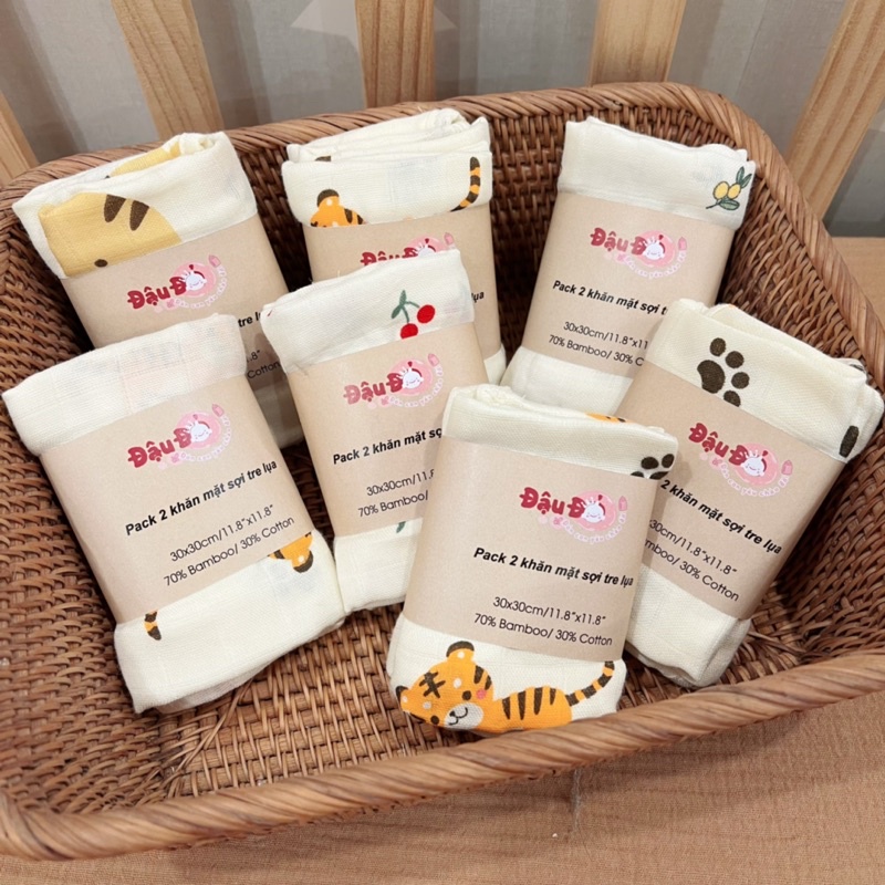 🐯🐅🍒🍋Set 2 Khăn Mặt Sợi Tre Lụa 30x30cm