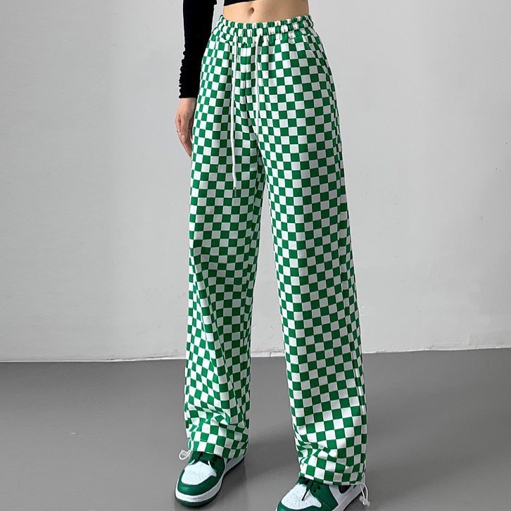 Quần thun ống rộng hoạ tiết kẻ ô sọc caro có dây rút ống suông unisex SIB063
