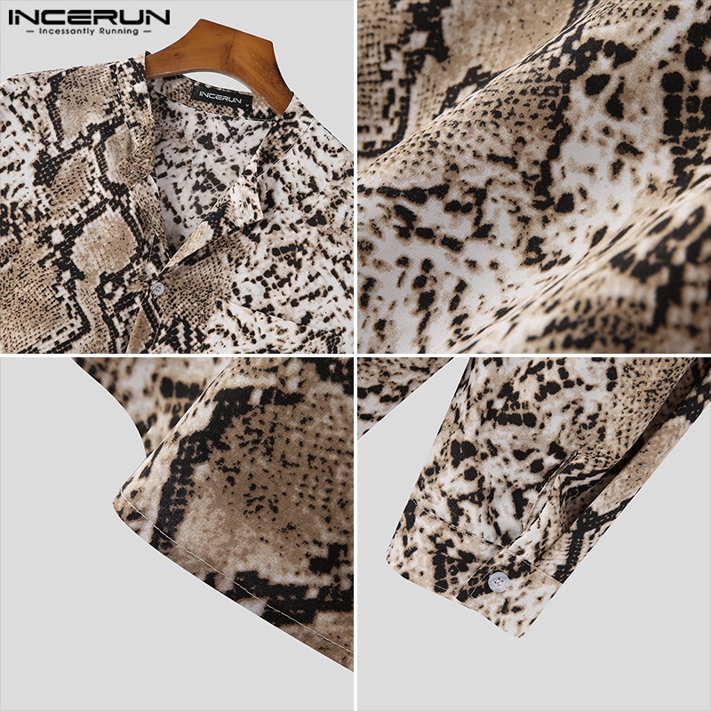 Áo sơ mi INCERUN cổ đứng tay 3/4 in họa tiết da rắn phối nút cá tính dành cho nam