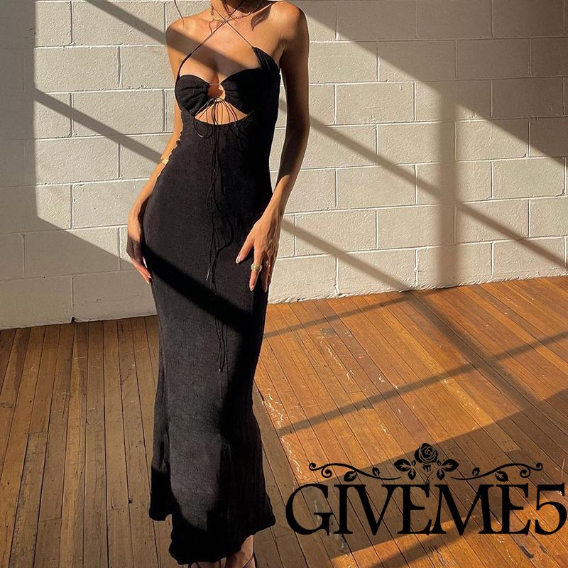 Đầm Dài Hai Dây Ôm Dáng Màu Đen Trơn Không Tay Thắt Nơ Dành Cho Nữ