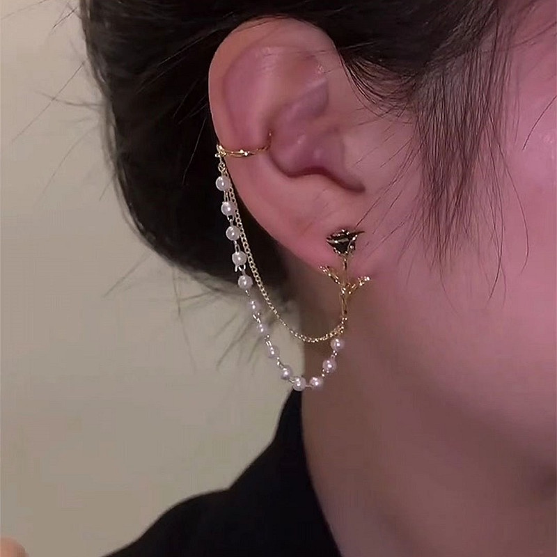 Khuyên Tai Chuỗi Đính Hoa Hồng Ngọc Trai Phong Cách Cổ Điển