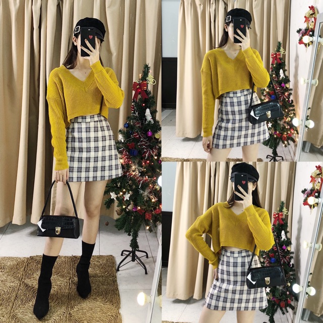 Áo len cổ tim croptop 507